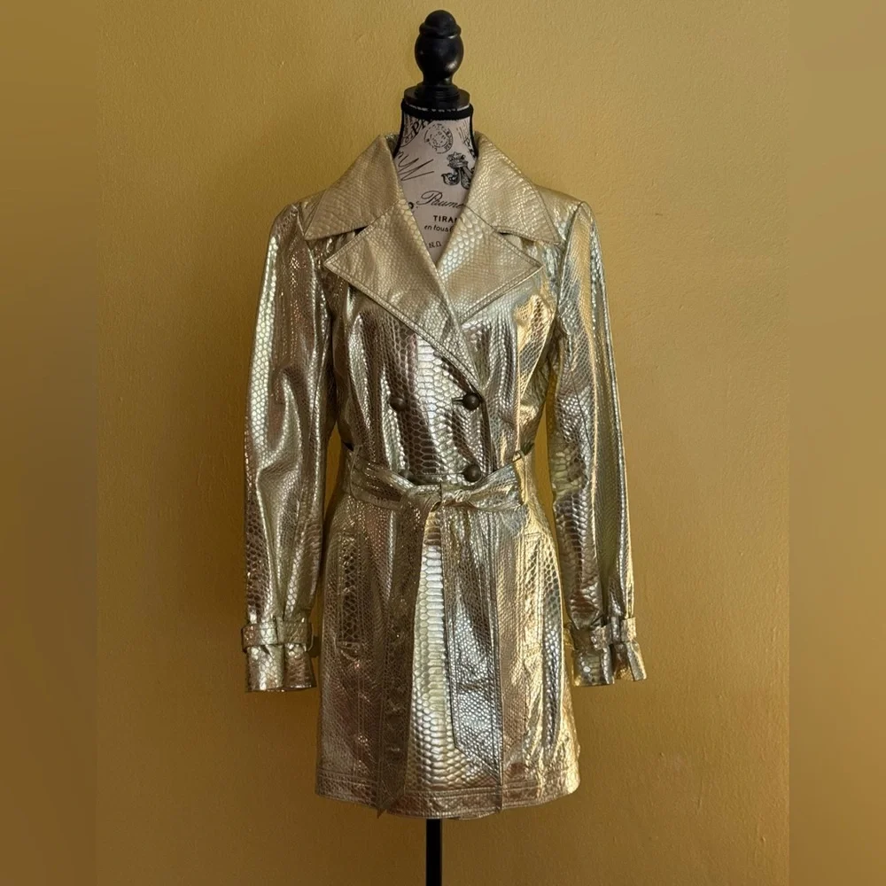Metallic Gold Snake-Embossed Leather Belted Trench Jacket - Picture 3 of 15